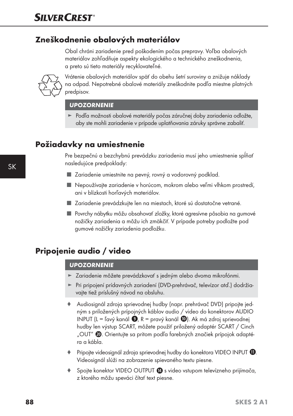 Zneškodnenie obalových materiálov, Požiadavky na umiestnenie, Pripojenie audio / video | Silvercrest SKES 2 A1 User Manual | Page 91 / 115