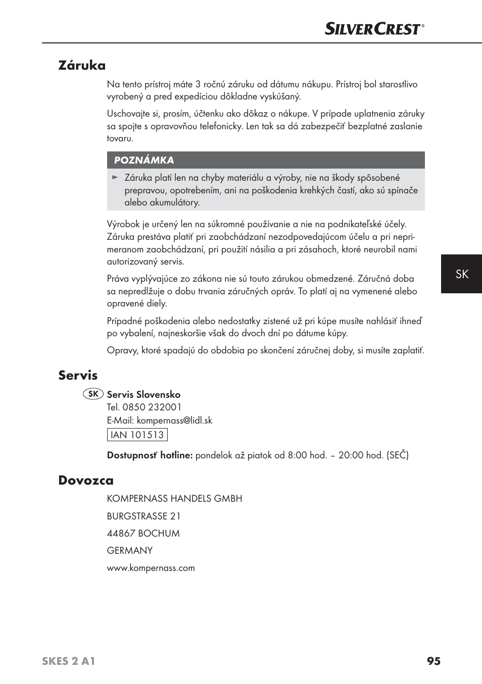 Záruka, Servis, Dovozca | Silvercrest SKES 2 A1 User Manual | Page 98 / 115