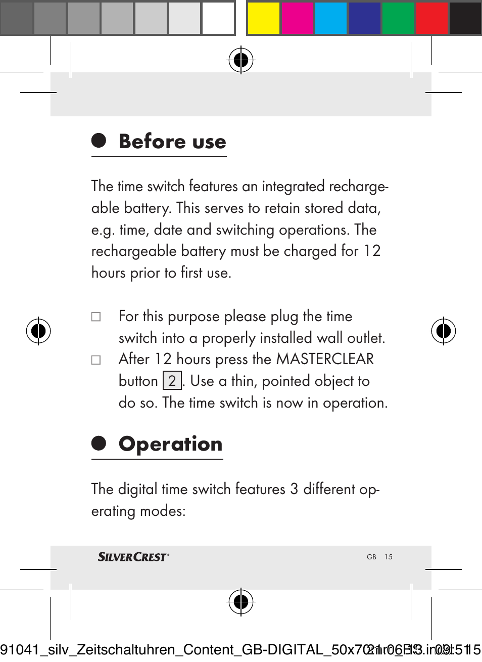 Before use, Operation | Silvercrest Timer Switches DIGITAL User Manual | Page 15 / 28