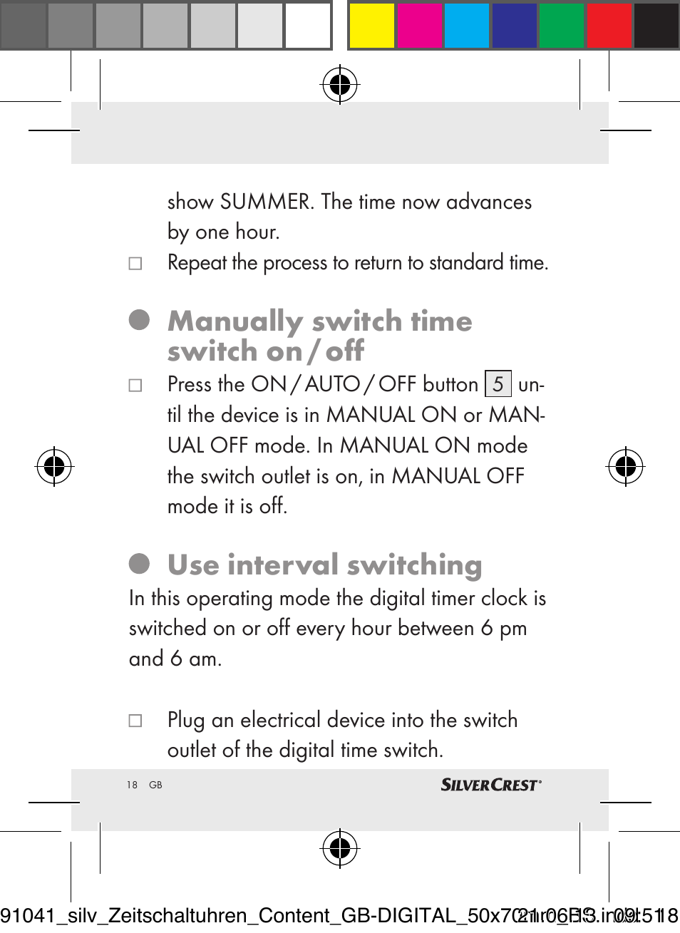 Manually switch time switch on / off, Use interval switching | Silvercrest Timer Switches DIGITAL User Manual | Page 18 / 28