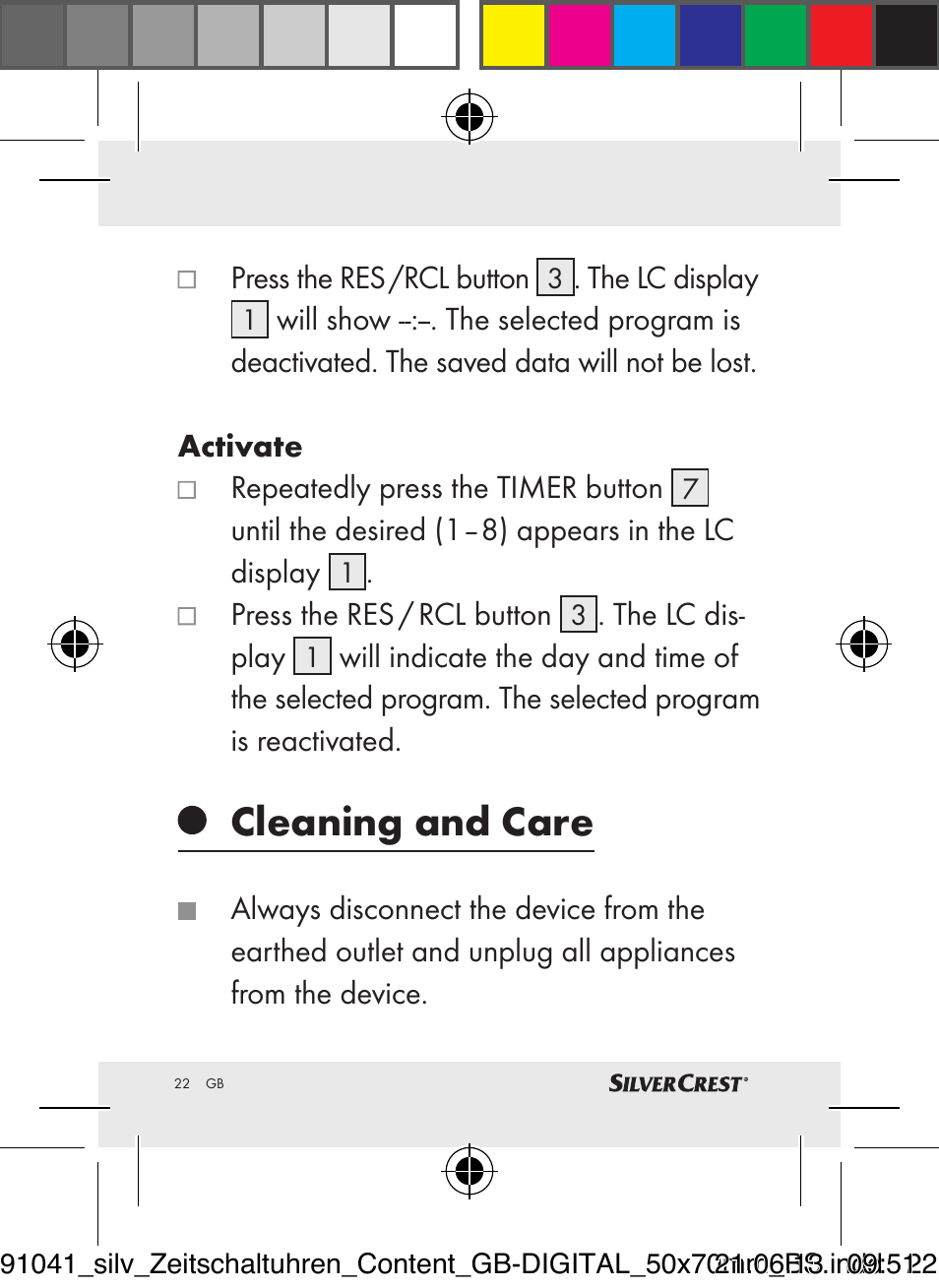 Cleaning and care | Silvercrest Timer Switches DIGITAL User Manual | Page 22 / 28
