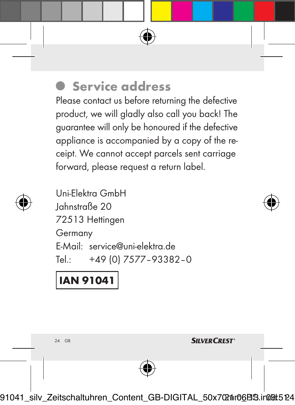 Service address | Silvercrest Timer Switches DIGITAL User Manual | Page 24 / 28