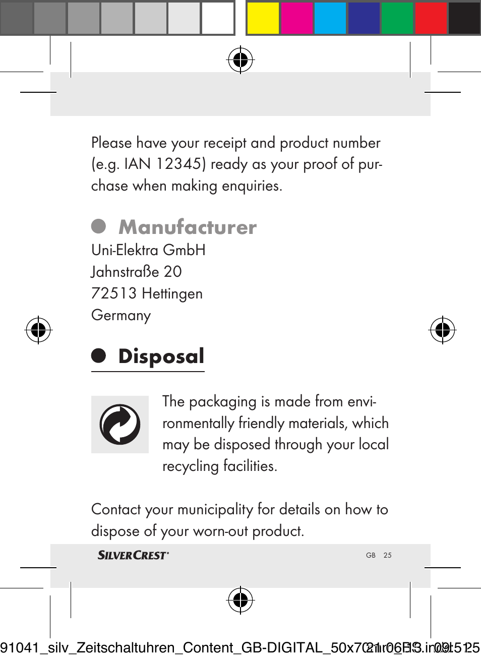 Manufacturer, Disposal | Silvercrest Timer Switches DIGITAL User Manual | Page 25 / 28