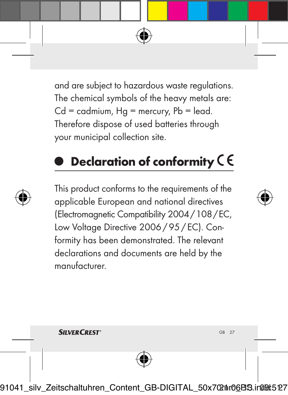 Declaration of conformity | Silvercrest Timer Switches DIGITAL User Manual | Page 27 / 28