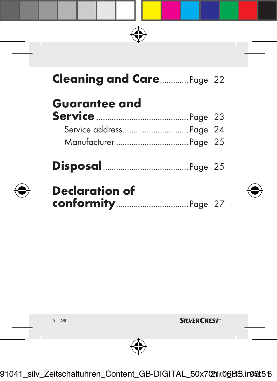 Cleaning and care, Guarantee and service, Disposal | Declaration of conformity | Silvercrest Timer Switches DIGITAL User Manual | Page 6 / 28