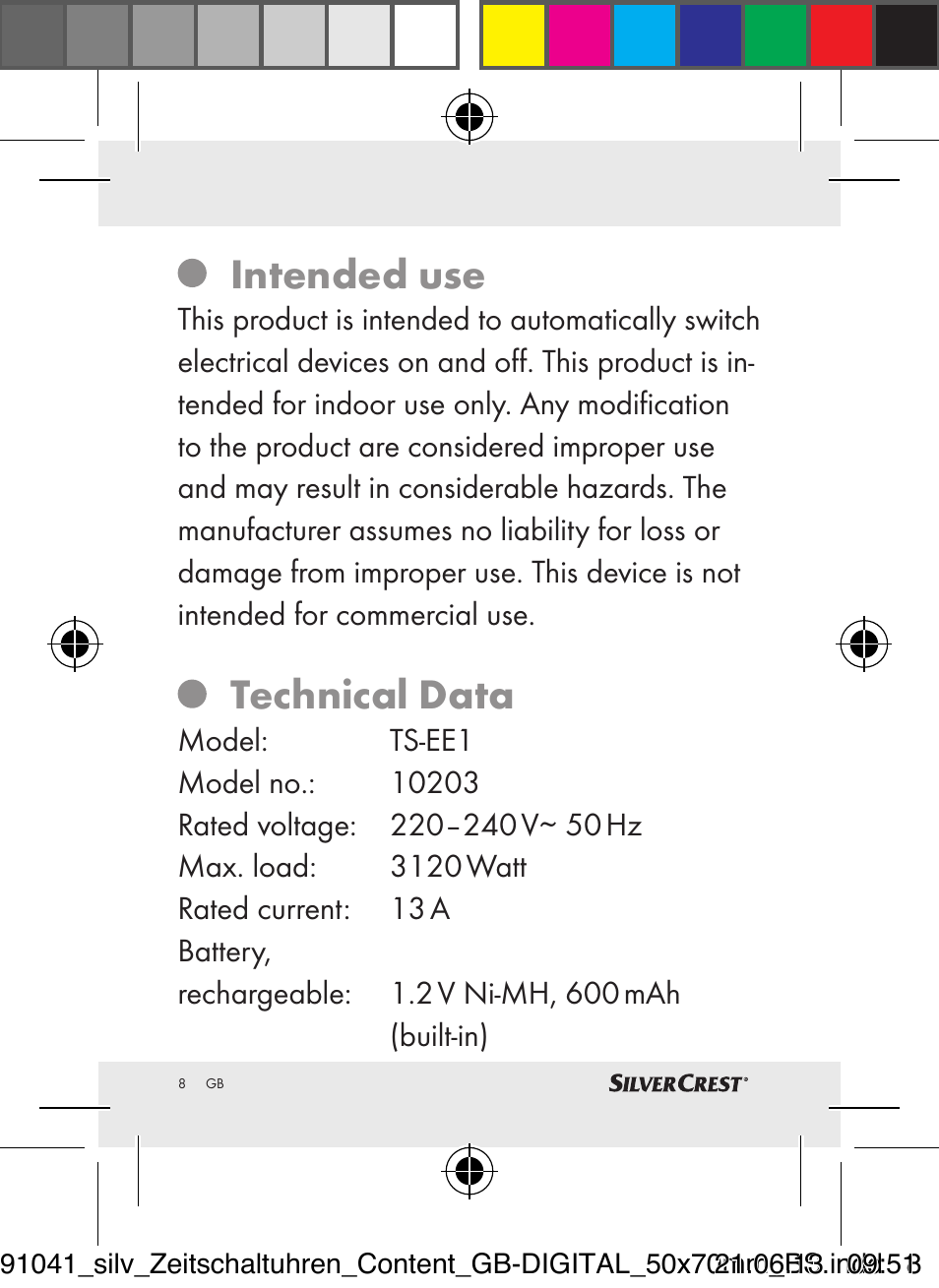 Intended use, Technical data | Silvercrest Timer Switches DIGITAL User Manual | Page 8 / 28