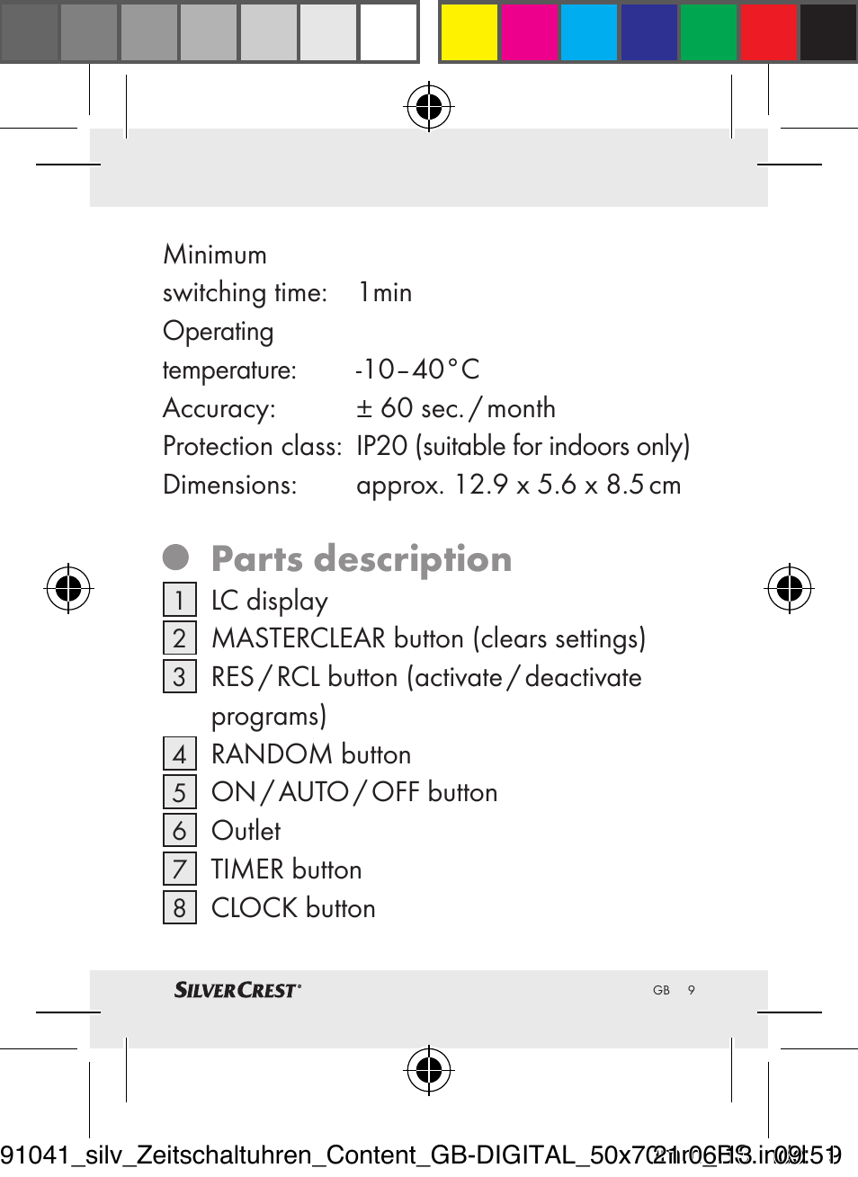 Parts description | Silvercrest Timer Switches DIGITAL User Manual | Page 9 / 28