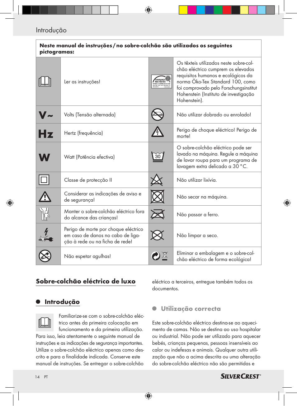 Introdução, Sobre-colchão eléctrico de luxo introdução, Utilização correcta | Silvercrest SLUB 85 A1 User Manual | Page 14 / 37