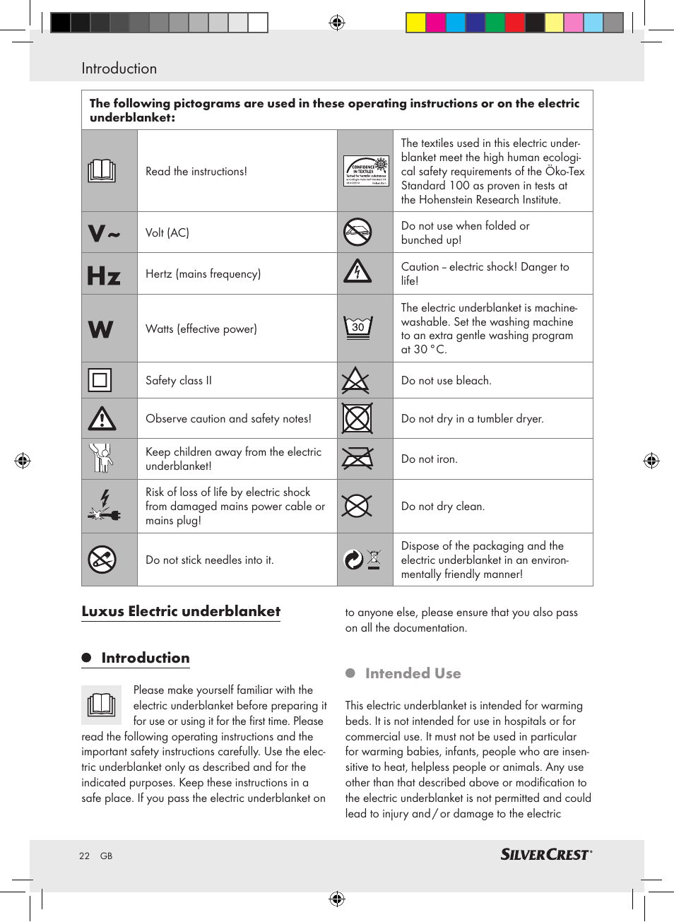 Introduction, Luxus electric underblanket introduction, Intended use | Silvercrest SLUB 85 A1 User Manual | Page 22 / 37