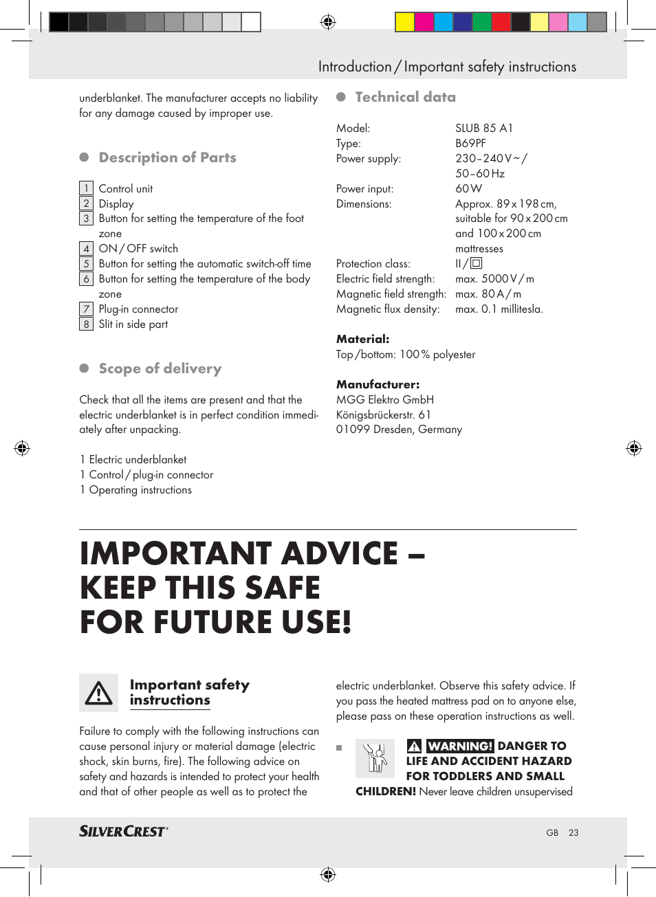 Important advice – keep this safe for future use, Introduction / important safety instructions | Silvercrest SLUB 85 A1 User Manual | Page 23 / 37