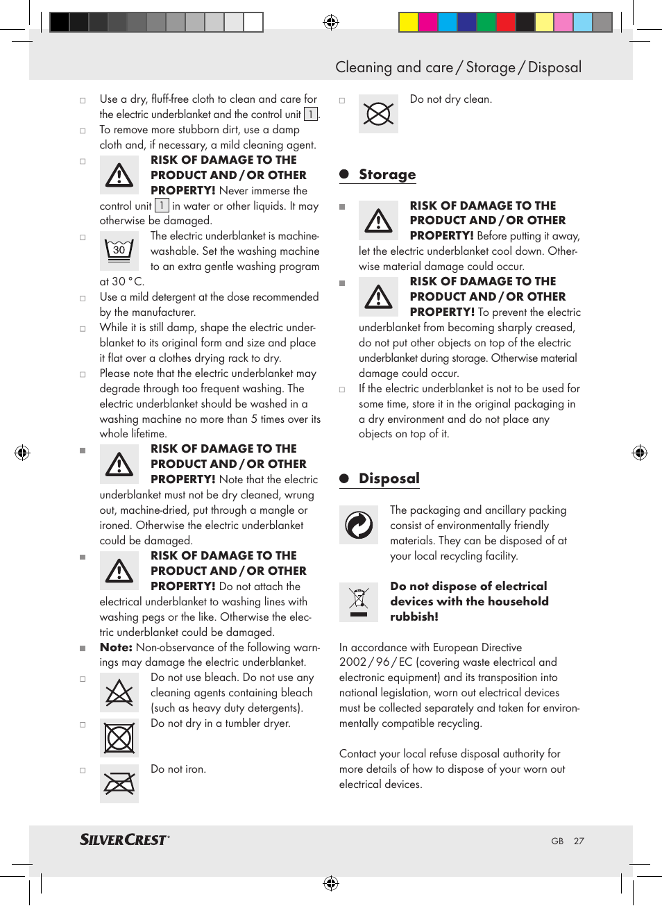 Cleaning and care / storage / disposal, Storage, Disposal | Silvercrest SLUB 85 A1 User Manual | Page 27 / 37