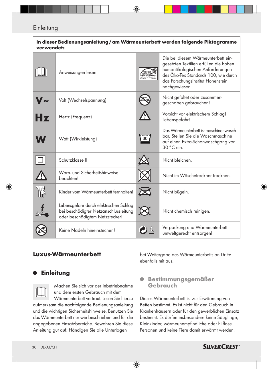 Einleitung, Luxus-wärmeunterbett einleitung, Bestimmungsgemäßer gebrauch | Silvercrest SLUB 85 A1 User Manual | Page 30 / 37