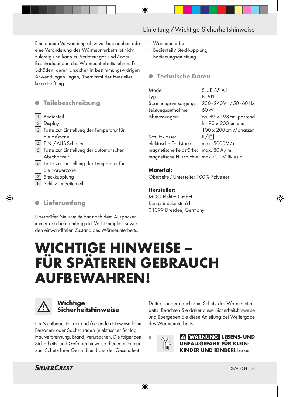 Einleitung / wichtige sicherheitshinweise | Silvercrest SLUB 85 A1 User Manual | Page 31 / 37