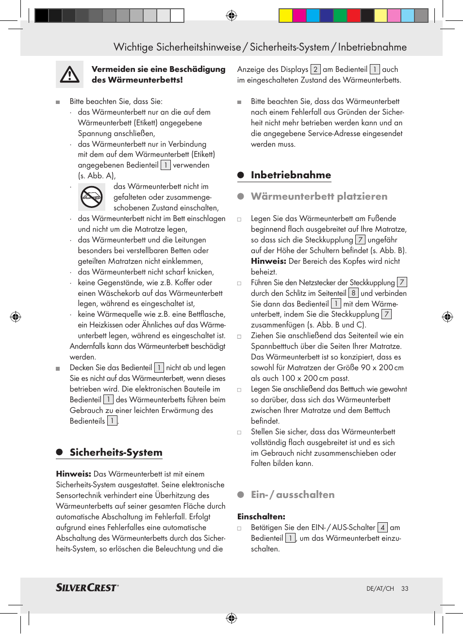 Sicherheits-system, Inbetriebnahme wärmeunterbett platzieren, Ein- / ausschalten | Silvercrest SLUB 85 A1 User Manual | Page 33 / 37