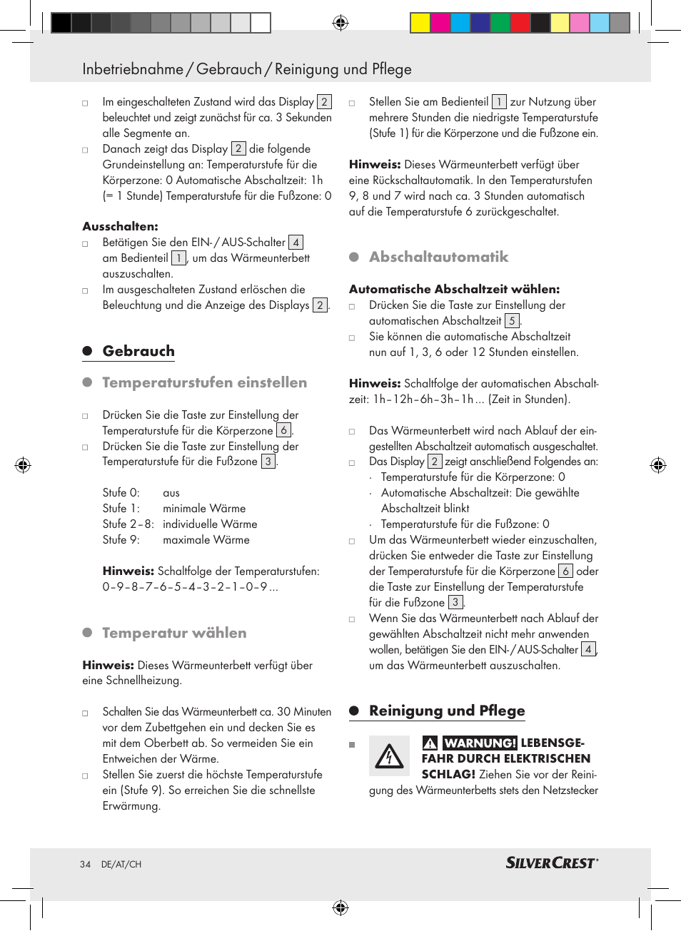 Inbetriebnahme / gebrauch / reinigung und pflege, Gebrauch temperaturstufen einstellen, Temperatur wählen | Abschaltautomatik, Reinigung und pflege | Silvercrest SLUB 85 A1 User Manual | Page 34 / 37