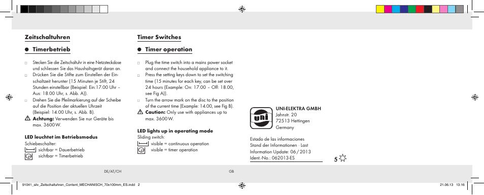 Timer switches timer operation, Zeitschaltuhren timerbetrieb | Silvercrest Timer Switches MECHANISCH User Manual | Page 2 / 2