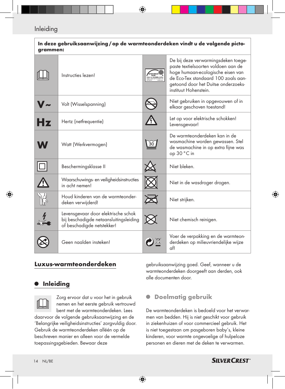 Inleiding, Luxus-warmteonderdeken inleiding, Doelmatig gebruik | Silvercrest SLUB 85 A1 User Manual | Page 14 / 37