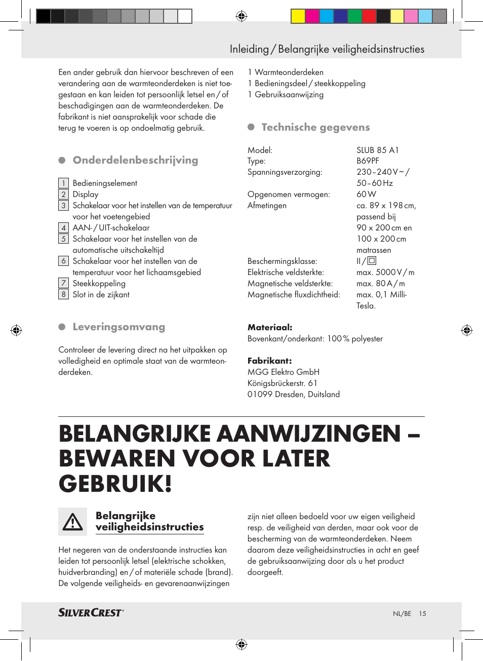 Inleiding / belangrijke veiligheidsinstructies | Silvercrest SLUB 85 A1 User Manual | Page 15 / 37