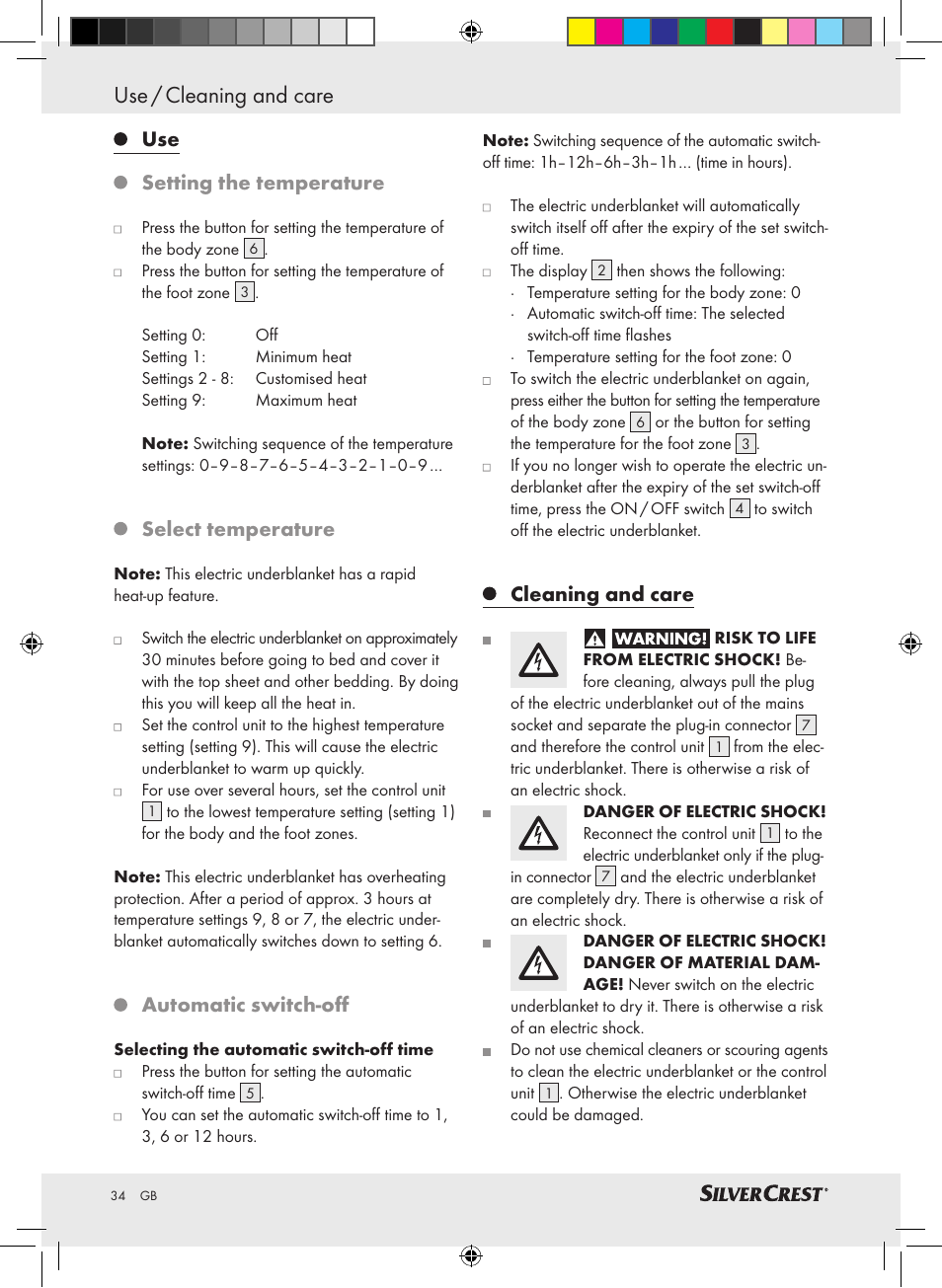 Use / cleaning and care, Use setting the temperature, Select temperature | Automatic switch-off, Cleaning and care | Silvercrest SLUB 85 A1 User Manual | Page 34 / 37