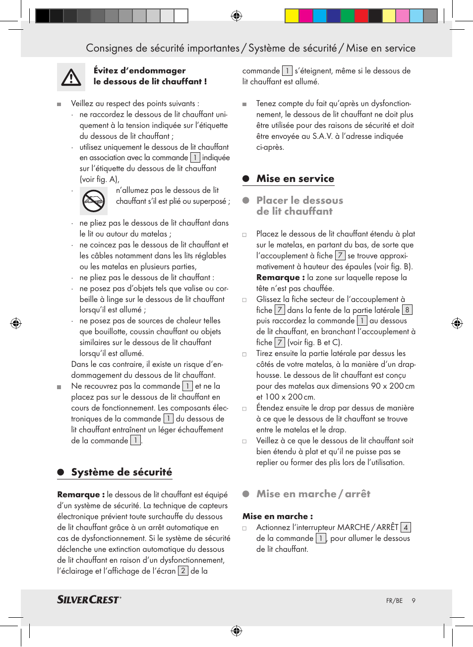 Système de sécurité, Mise en service placer le dessous de lit chauffant, Mise en marche / arrêt | Silvercrest SLUB 85 A1 User Manual | Page 9 / 37