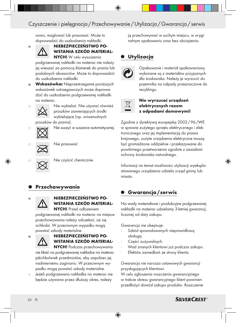 Przechowywanie, Utylizacja, Gwarancja | Serwis | Silvercrest SLUB 85 A1 User Manual | Page 20 / 57