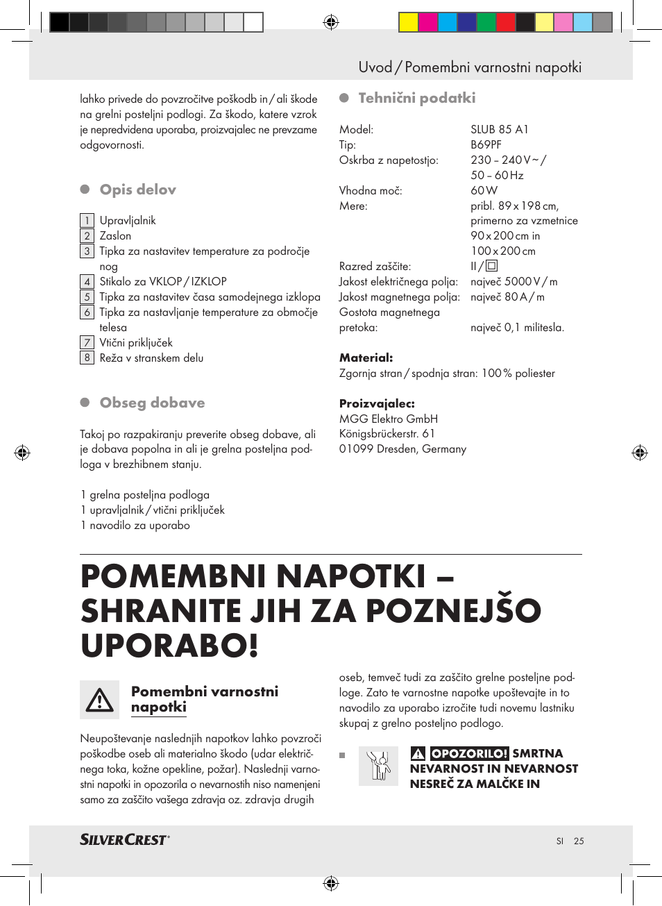 Uvod / pomembni varnostni napotki | Silvercrest SLUB 85 A1 User Manual | Page 25 / 57