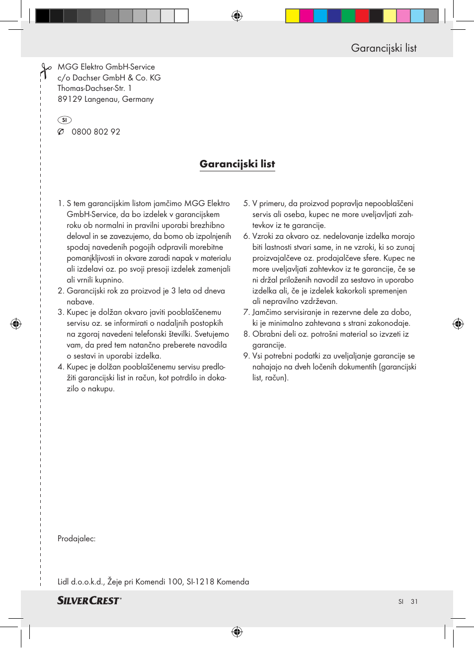 Garancijski list | Silvercrest SLUB 85 A1 User Manual | Page 31 / 57