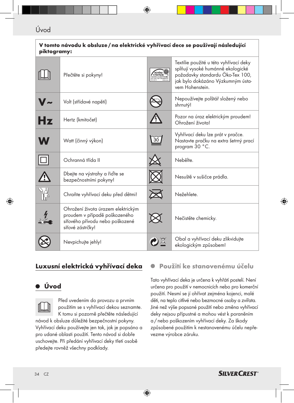 Úvod, Luxusní elektrická vyhřívací deka úvod, Použití ke stanovenému účelu | Silvercrest SLUB 85 A1 User Manual | Page 34 / 57