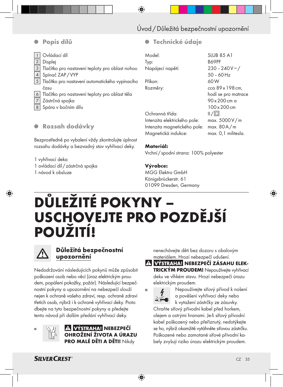 Důležité pokyny – uschovejte pro pozdější použití, Úvod / důležitá bezpečnostní upozornění | Silvercrest SLUB 85 A1 User Manual | Page 35 / 57