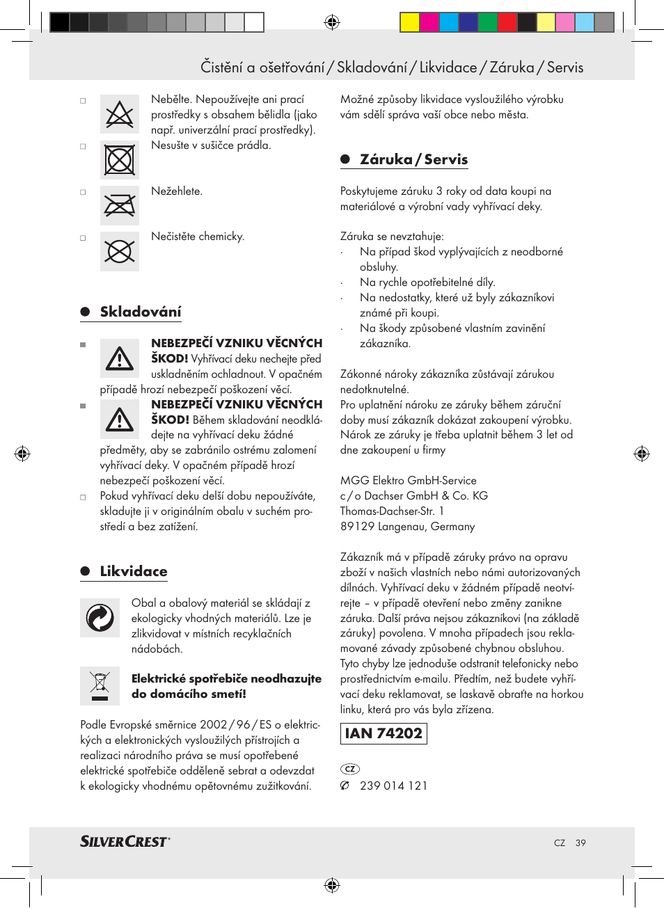 Skladování, Likvidace, Záruka / servis | Silvercrest SLUB 85 A1 User Manual | Page 39 / 57