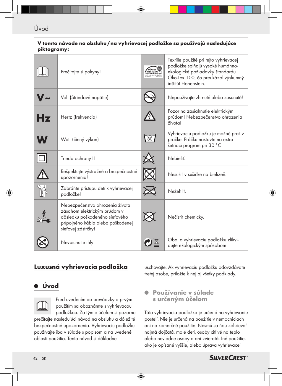 Úvod, Luxusná vyhrievacia podložka úvod, Používanie v súlade s určeným účelom | Silvercrest SLUB 85 A1 User Manual | Page 42 / 57