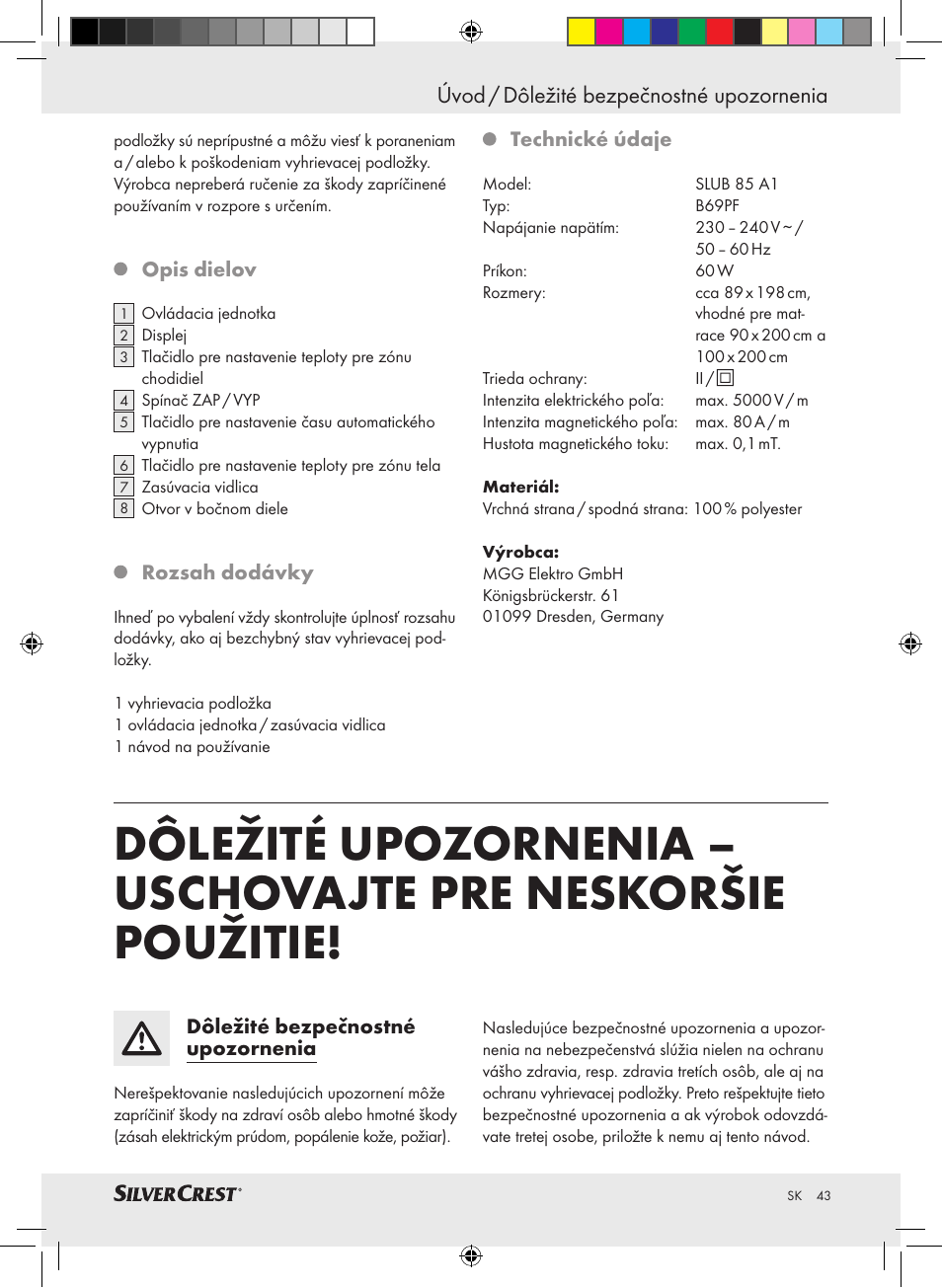Úvod / dôležité bezpečnostné upozornenia | Silvercrest SLUB 85 A1 User Manual | Page 43 / 57