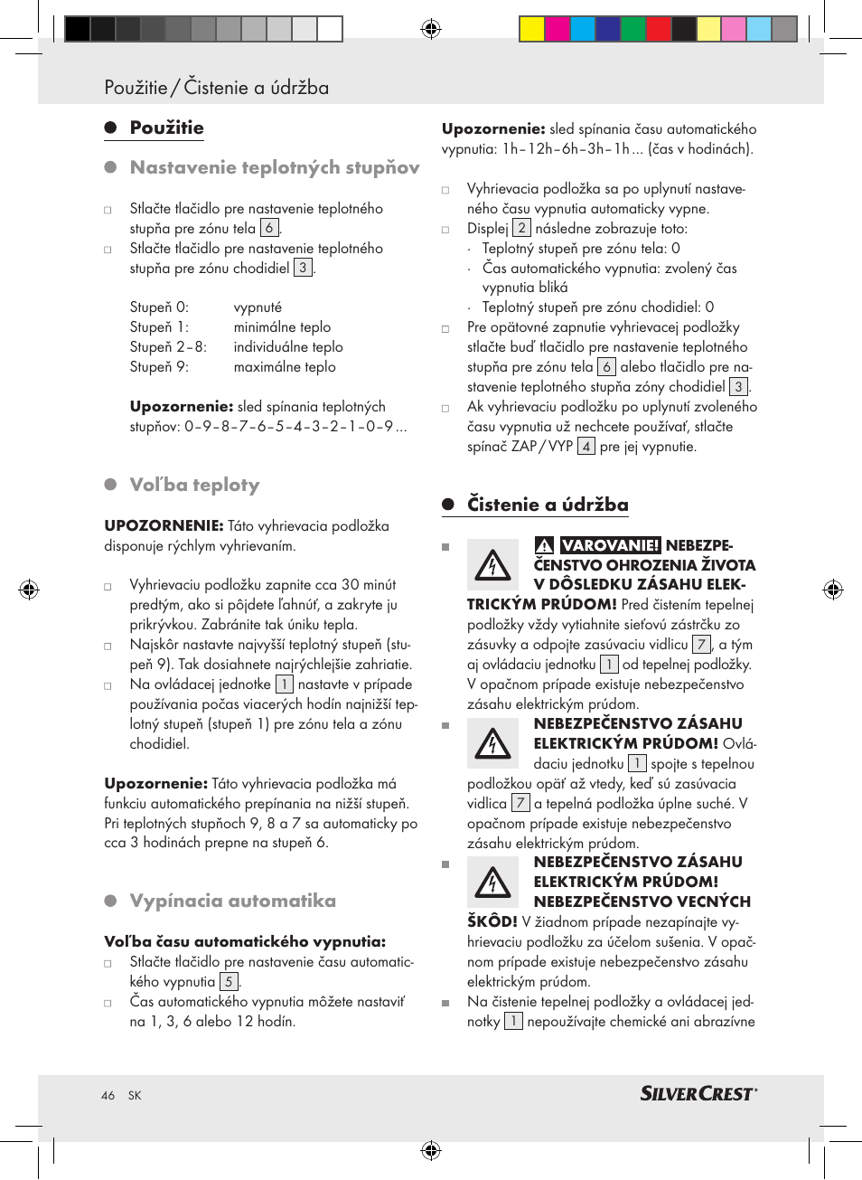 Použitie / čistenie a údržba, Použitie nastavenie teplotných stupňov, Voľba teploty | Vypínacia automatika, Čistenie a údržba | Silvercrest SLUB 85 A1 User Manual | Page 46 / 57