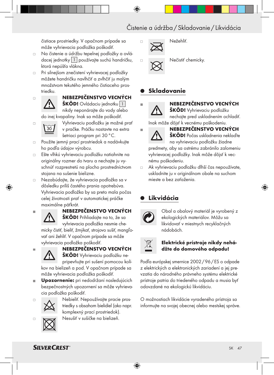 Čistenie a údržba / skladovanie / likvidácia, Skladovanie, Likvidácia | Silvercrest SLUB 85 A1 User Manual | Page 47 / 57