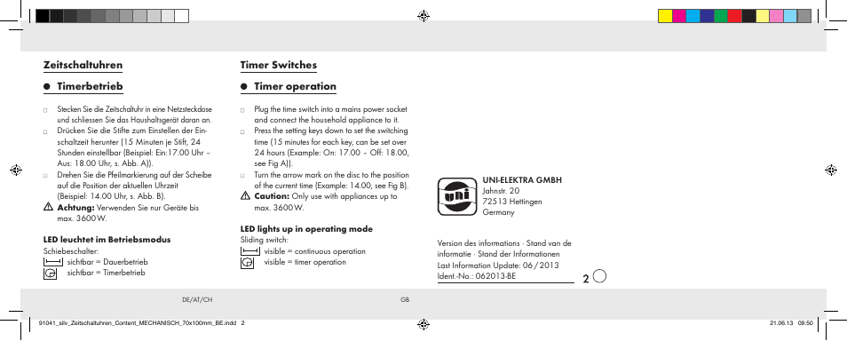 Timer switches timer operation, Zeitschaltuhren timerbetrieb | Silvercrest Timer Switches MECHANISCH User Manual | Page 2 / 2