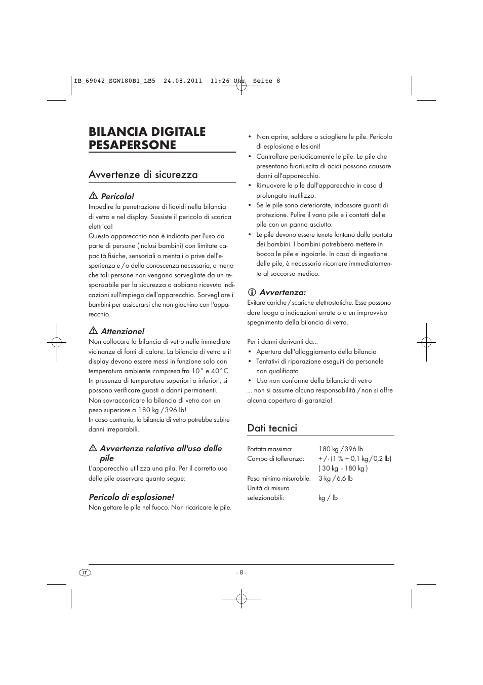 Bilancia digitale pesapersone, Avvertenze di sicurezza, Dati tecnici | Silvercrest SGW 180 B1 User Manual | Page 10 / 32