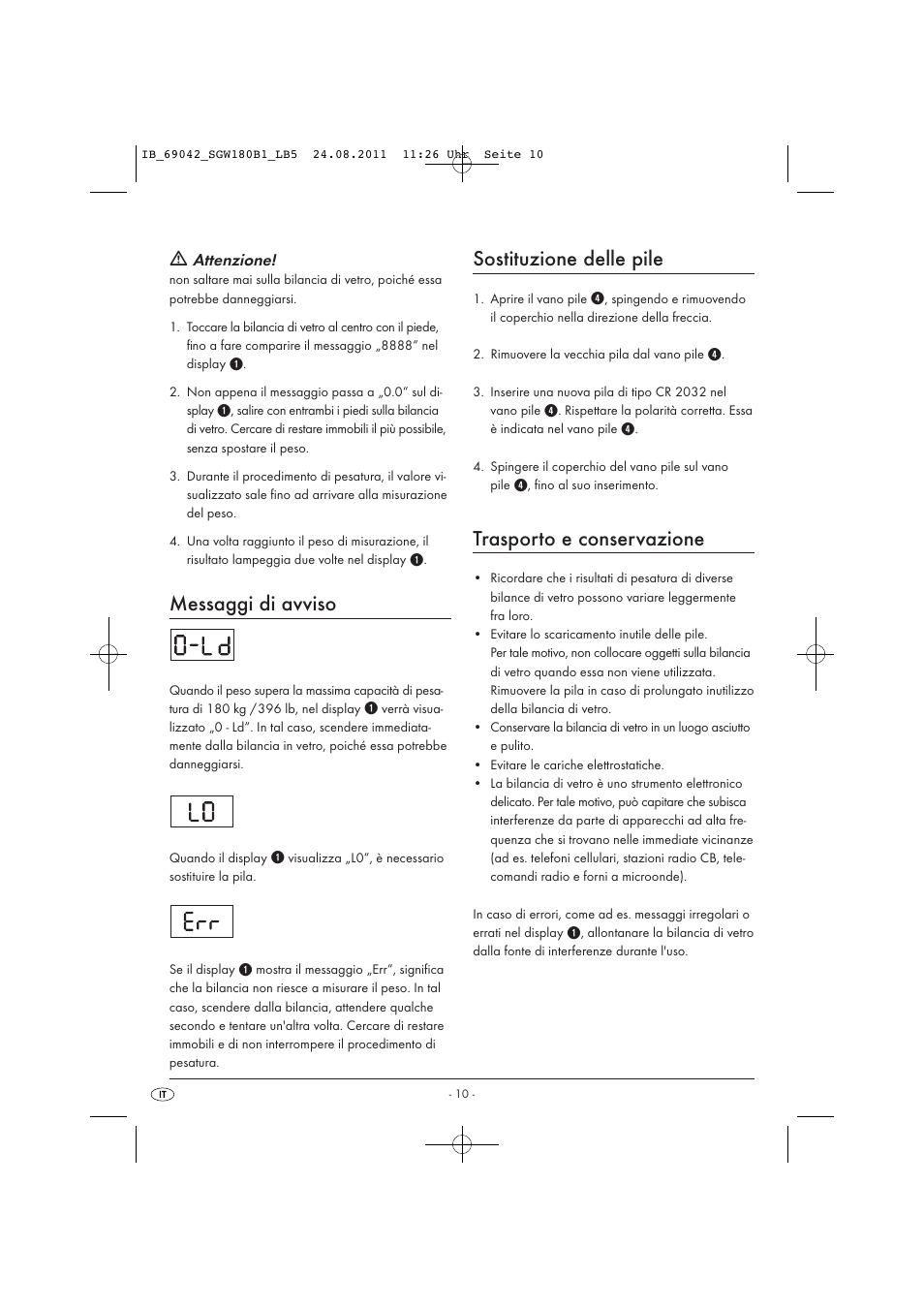 Messaggi di avviso, Sostituzione delle pile, Trasporto e conservazione | Silvercrest SGW 180 B1 User Manual | Page 12 / 32