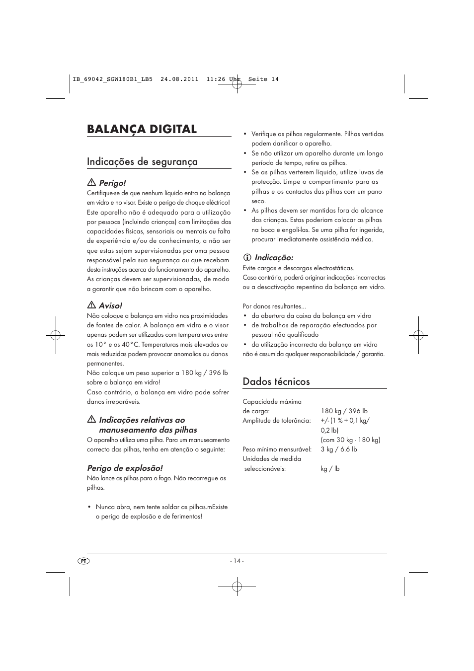 Balança digital, Indicações de segurança, Dados técnicos | Silvercrest SGW 180 B1 User Manual | Page 16 / 32