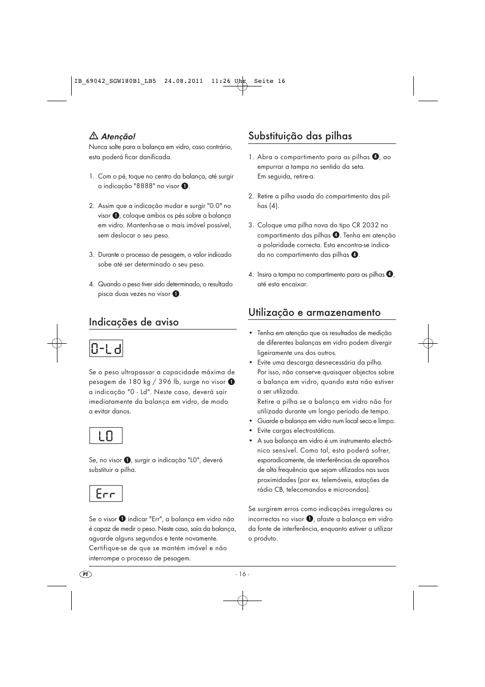 Indicações de aviso, Substituição das pilhas, Utilização e armazenamento | Silvercrest SGW 180 B1 User Manual | Page 18 / 32