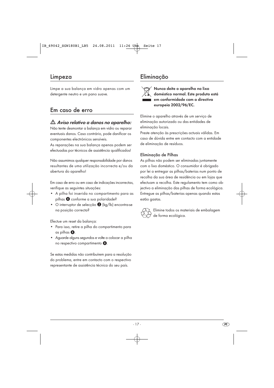 Limpeza, Em caso de erro, Eliminação | Silvercrest SGW 180 B1 User Manual | Page 19 / 32