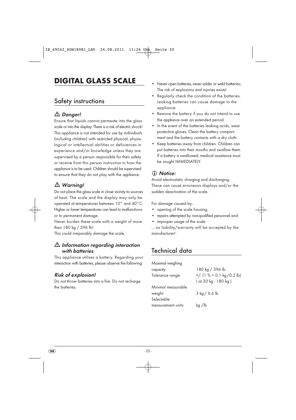 Digital glass scale, Safety instructions, Technical data | Silvercrest SGW 180 B1 User Manual | Page 22 / 32