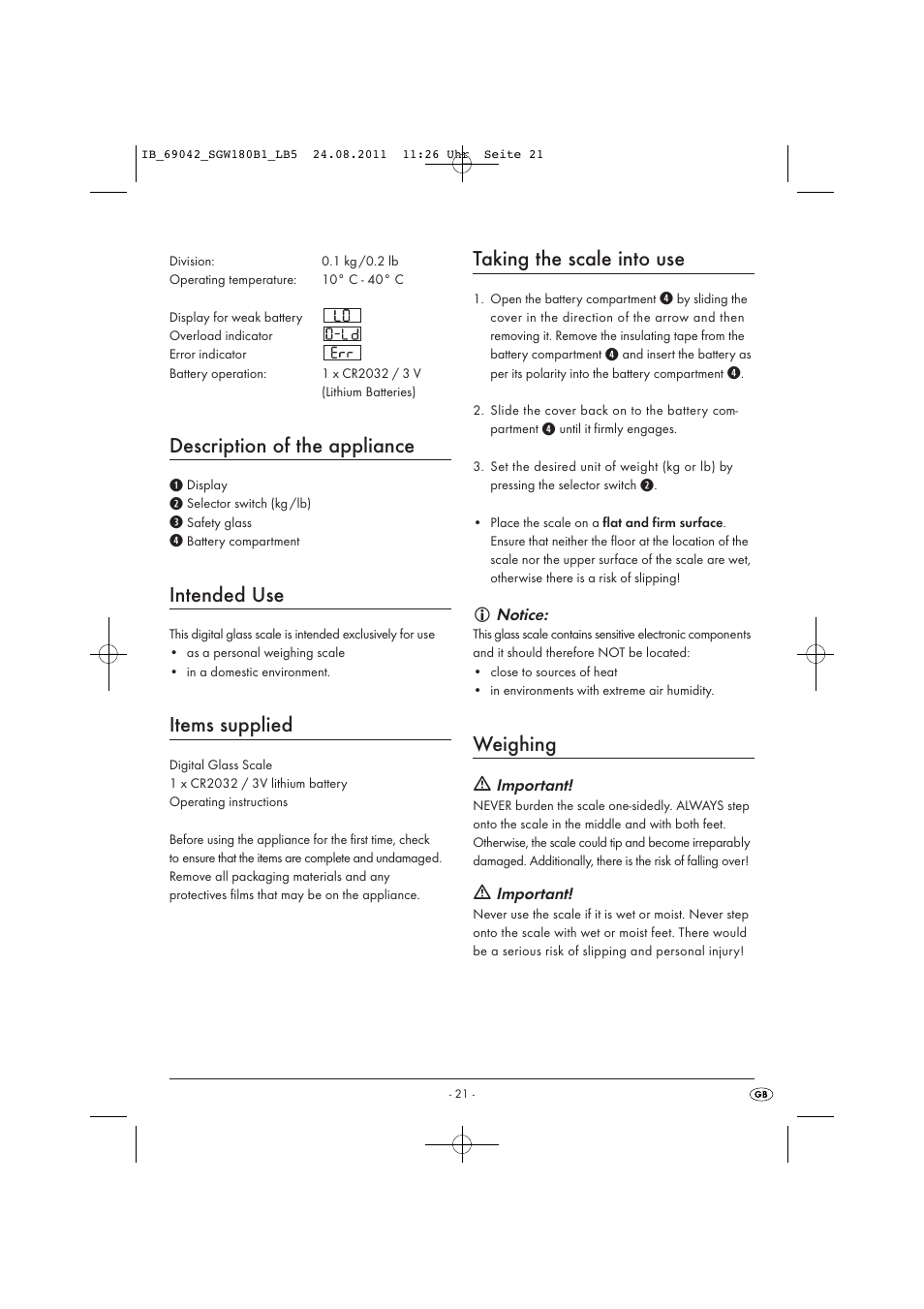 Description of the appliance, Intended use, Items supplied | Taking the scale into use, Weighing | Silvercrest SGW 180 B1 User Manual | Page 23 / 32