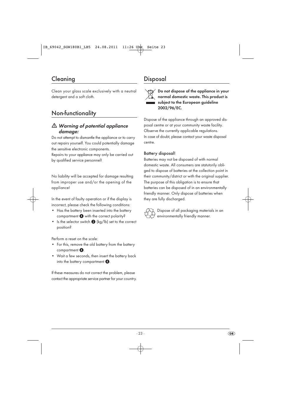 Cleaning, Non-functionality, Disposal | Silvercrest SGW 180 B1 User Manual | Page 25 / 32