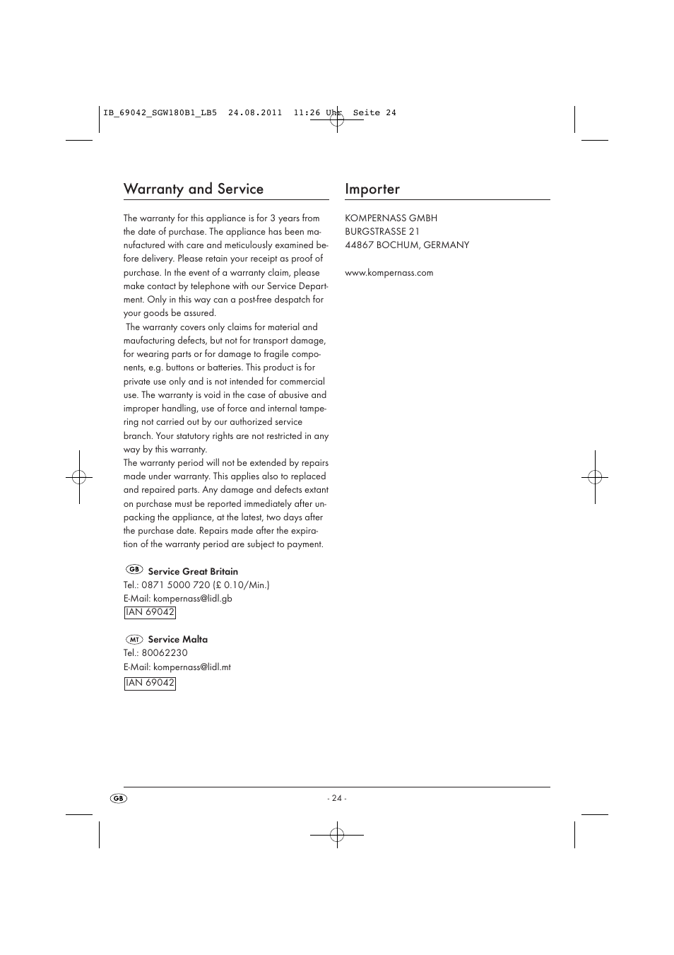 Warranty and service, Importer | Silvercrest SGW 180 B1 User Manual | Page 26 / 32