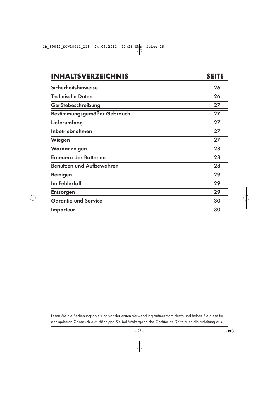 Inhaltsverzeichnis seite | Silvercrest SGW 180 B1 User Manual | Page 27 / 32