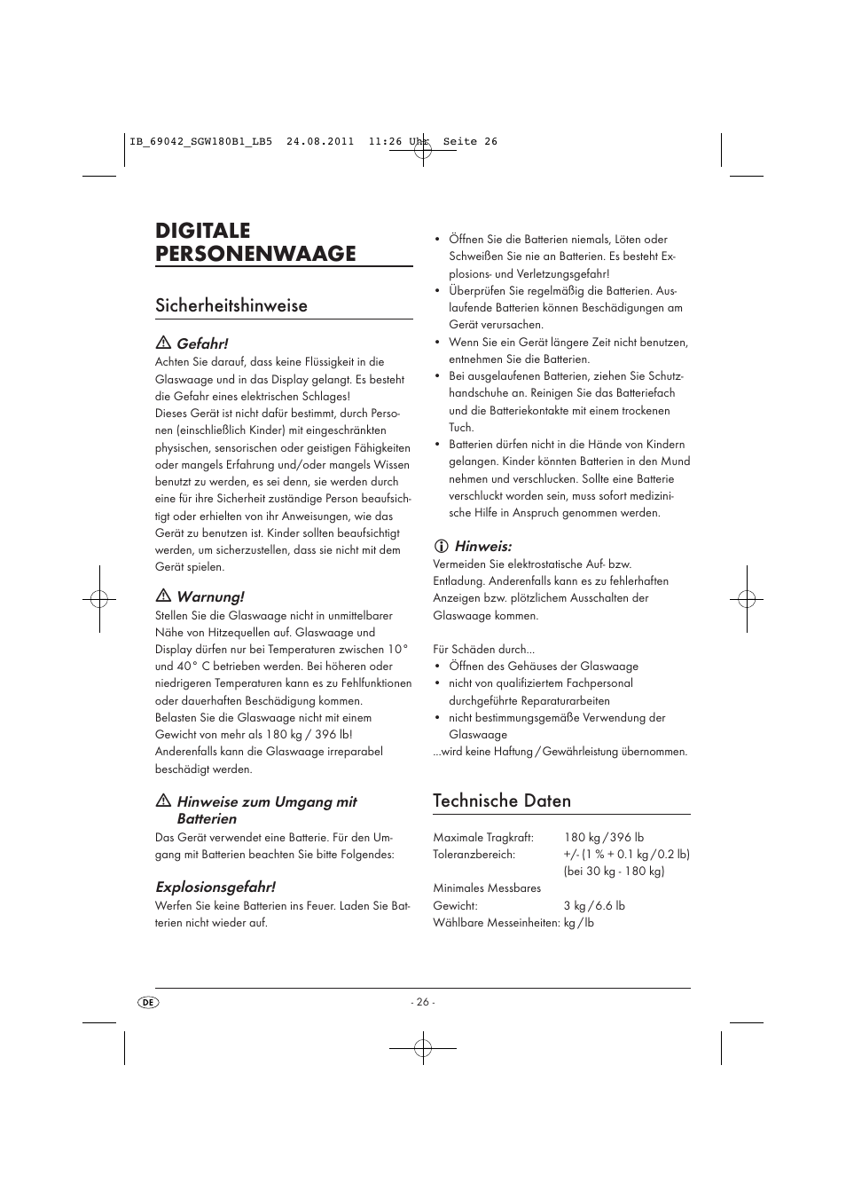 Digitale personenwaage, Sicherheitshinweise, Technische daten | Silvercrest SGW 180 B1 User Manual | Page 28 / 32