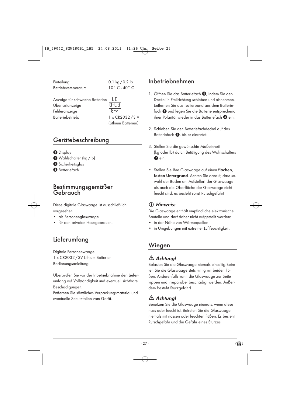 Gerätebeschreibung, Bestimmungsgemäßer gebrauch, Lieferumfang | Inbetriebnehmen, Wiegen | Silvercrest SGW 180 B1 User Manual | Page 29 / 32