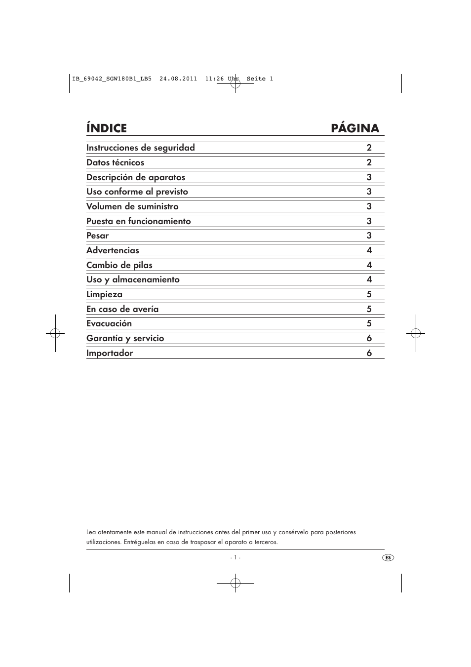 Índice página | Silvercrest SGW 180 B1 User Manual | Page 3 / 32