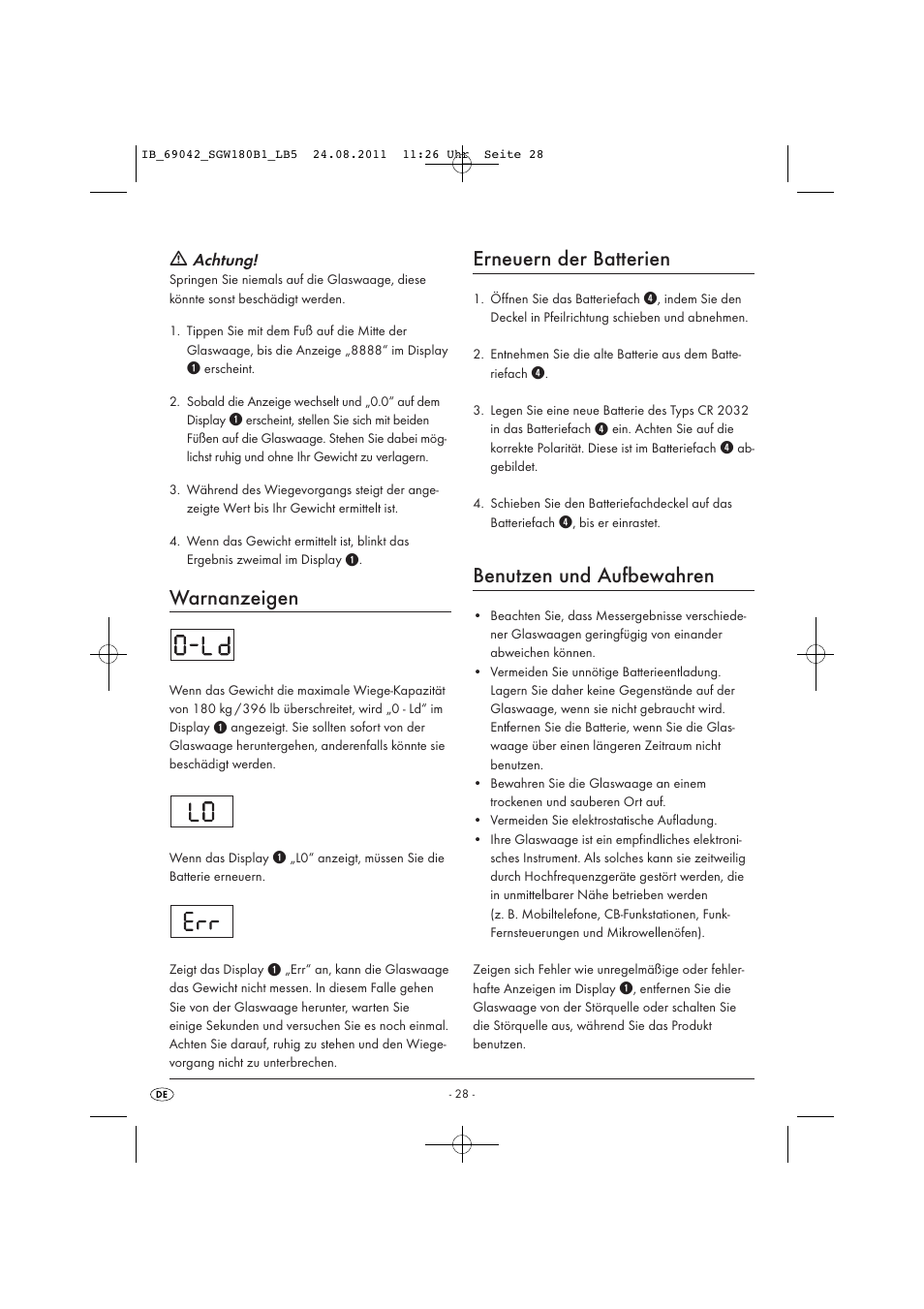 Warnanzeigen, Erneuern der batterien, Benutzen und aufbewahren | Achtung | Silvercrest SGW 180 B1 User Manual | Page 30 / 32