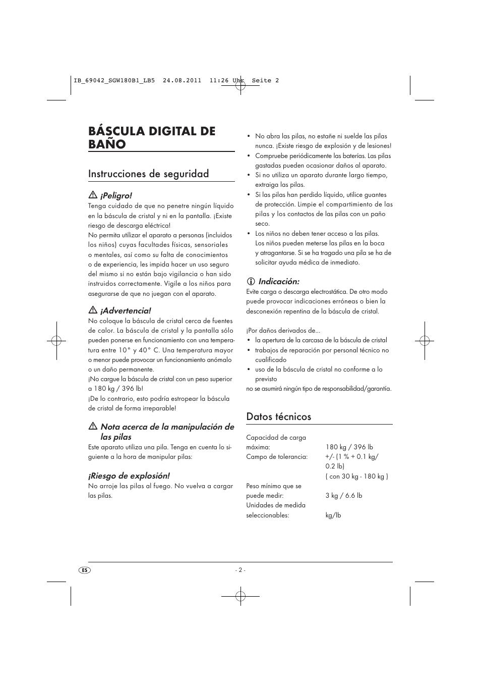 Báscula digital de baño, Instrucciones de seguridad, Datos técnicos | Silvercrest SGW 180 B1 User Manual | Page 4 / 32